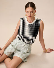 Women's Black Crew Neck Cotton Striped Tank Top | Rihoas