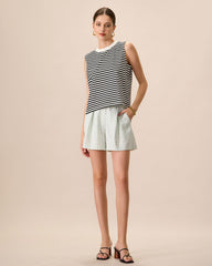 Women's Black Crew Neck Cotton Striped Tank Top | Rihoas