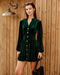 Green Velour Lantern Sleeve Mini Dress | Rihoas