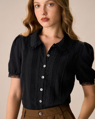 Women's Black Chelsea Collar Lace Trim Cotton Blouse | Rihoas