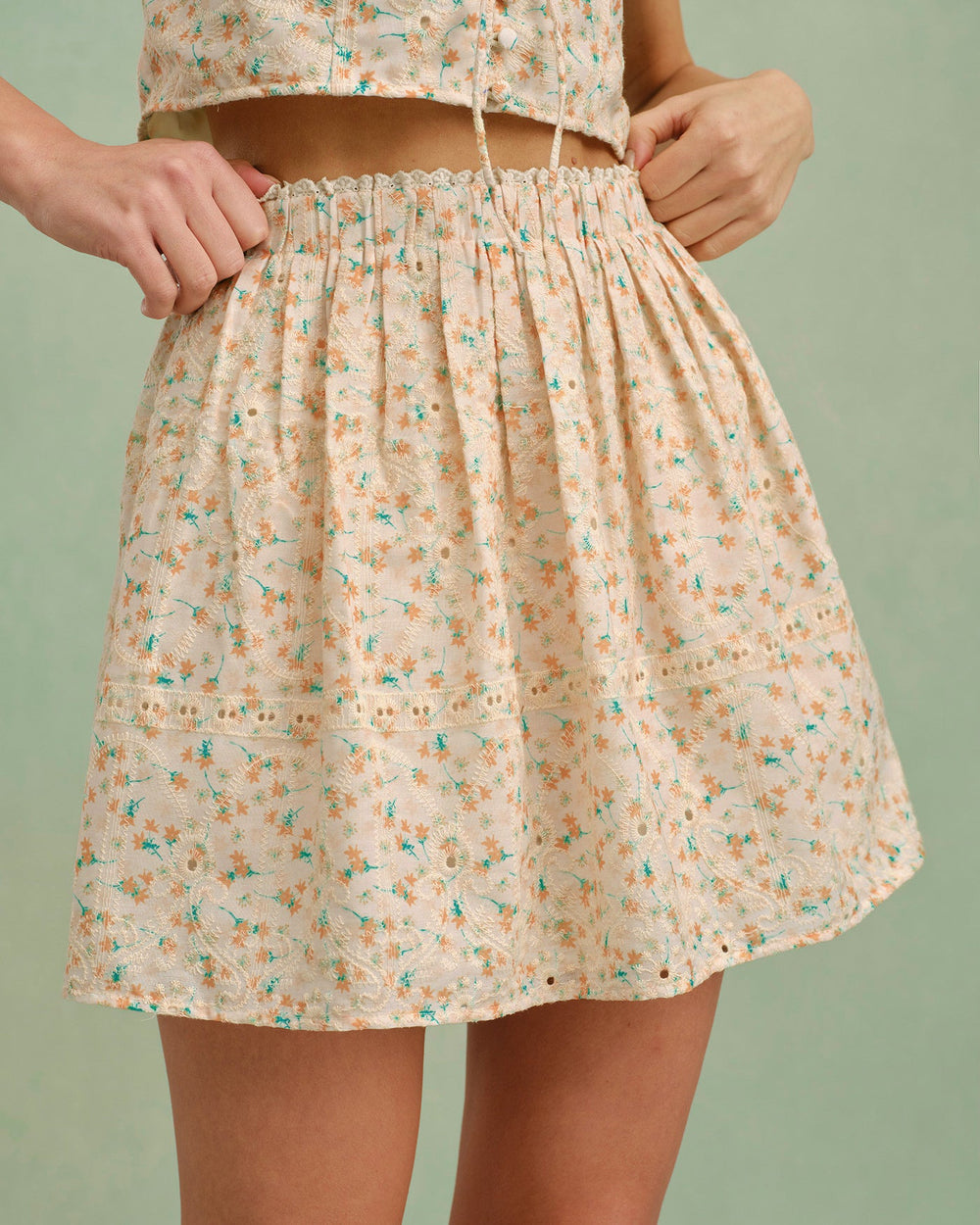 Yellow Embroidery Floral Mini Skirt | Rihoas