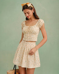 Yellow Embroidery Floral Mini Skirt | Rihoas