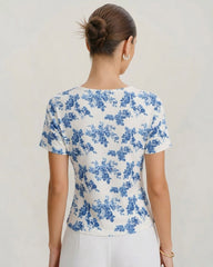 Blue Floral Short Sleeve T-Shirt | Rihoas
