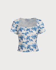 Blue Floral Short Sleeve T-Shirt | Rihoas