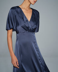 Navy V Neck Satin Midi Dress | Rihoas