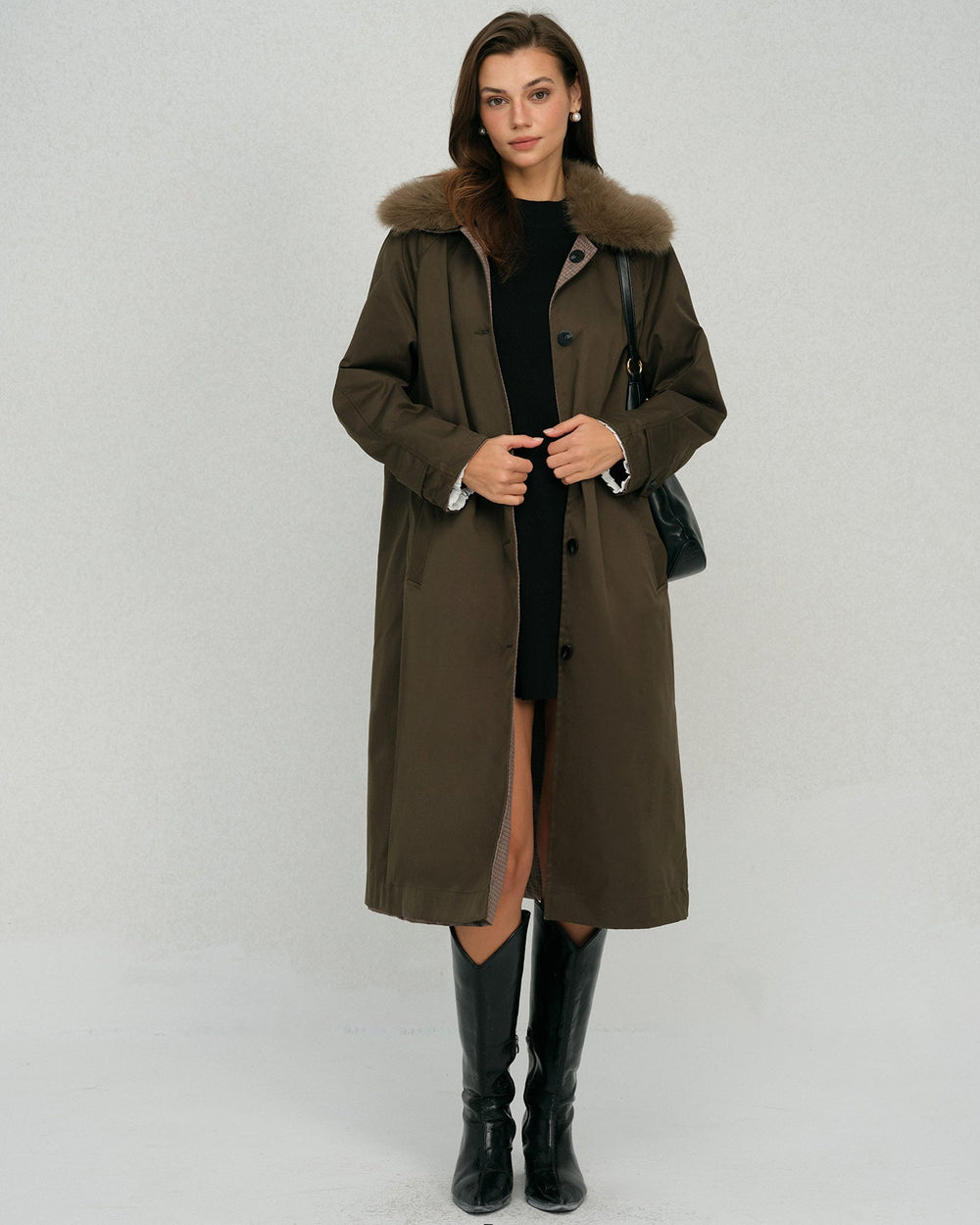 Brown Fur Collar Reverible Long Coat | Rihoas
