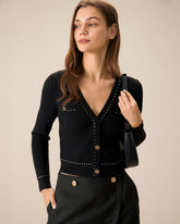 Black Contrasting Single-Breasted Cardigan | Rihoas