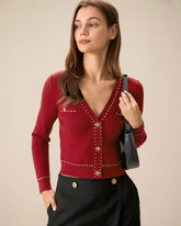 Red Contrasting Ribbed Knit Cardigan | Rihoas