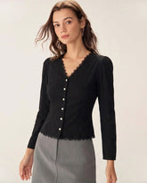 Black V Neck Lace Blouse | Rihoas