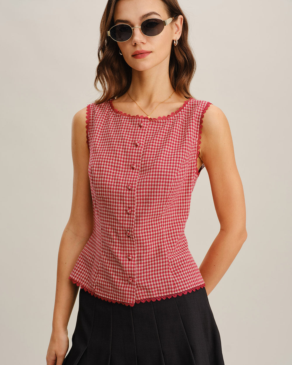 Red Gingham Boat Neck Sleeveless Tank Top | Rihoas