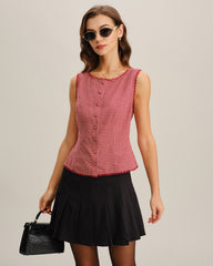 Red Gingham Boat Neck Sleeveless Tank Top | Rihoas