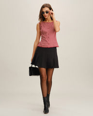 Red Gingham Boat Neck Sleeveless Tank Top | Rihoas