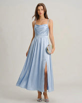 Blue Satin Ruched Slip Maxi Dress | Rihoas