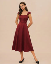 Red Sweetheart Neck Satin Midi Dress | Rihoas