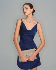 Navy Satin Cowl Neck Slip Mini Dress | Rihoas