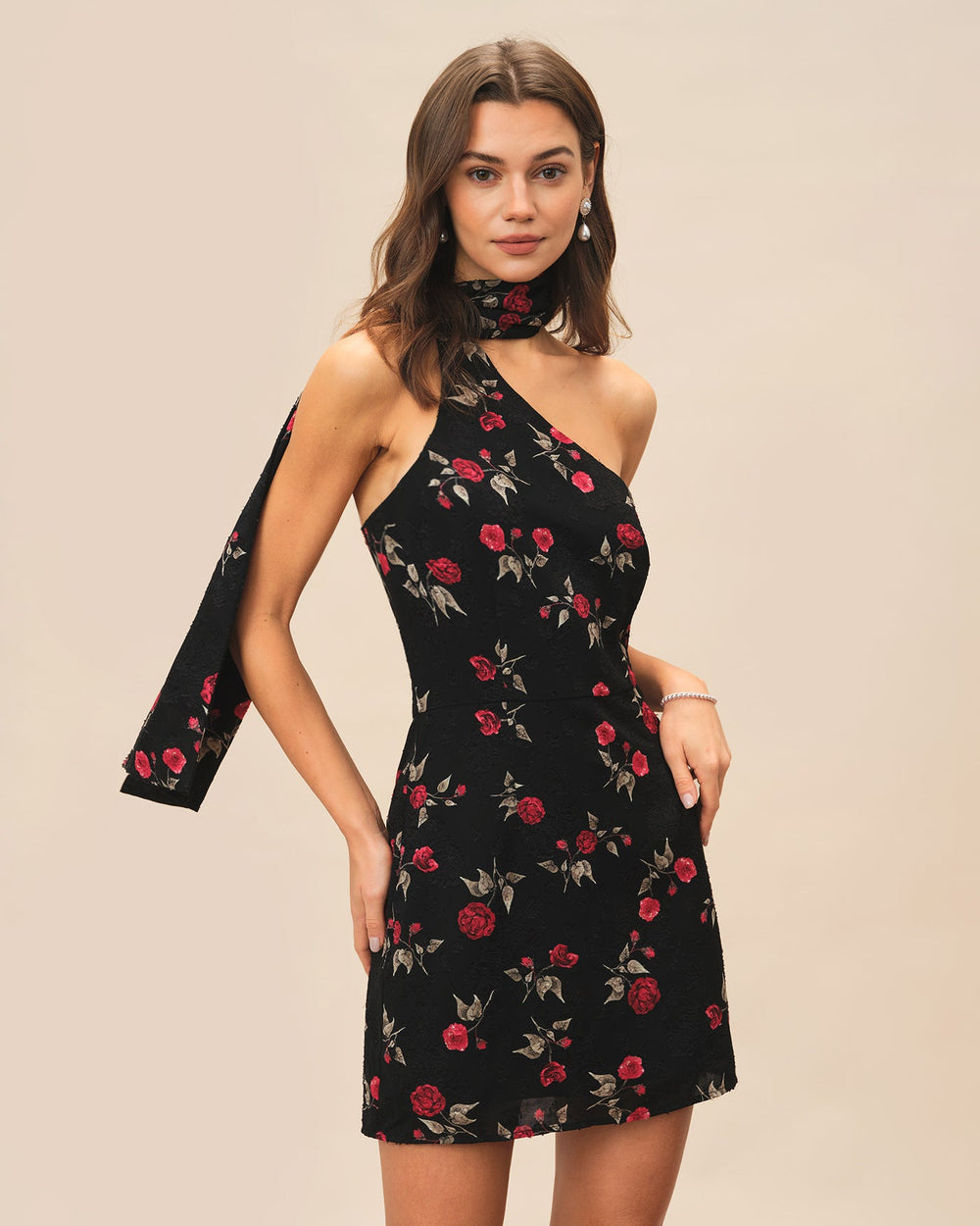 Black Jacquard One Shoulder Mini Dress | Rihoas
