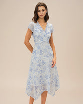 Blue V Neck Floral Midi Dress | Rihoas