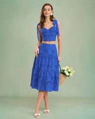 Blue Embroidery Midi Skirt | Rihoas