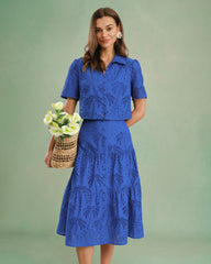 Blue Embroidery Midi Skirt | Rihoas