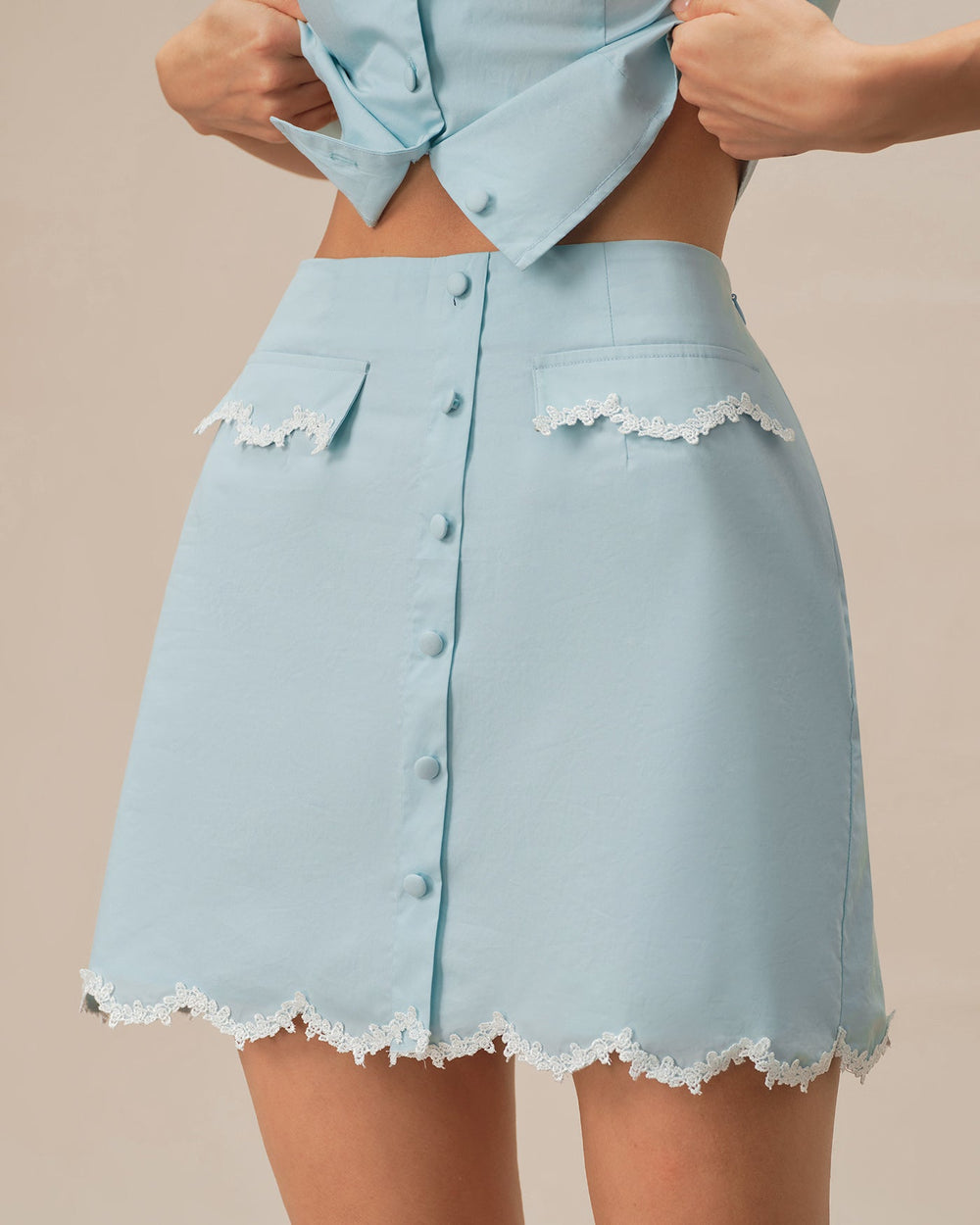 Blue Lace Pocket Button Mini Skirt | Rihoas