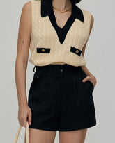 The Black High-waisted Pleated Belted Shorts | Rihoas