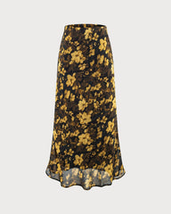 Black Floral Elastic Waist Skirt | Rihoas