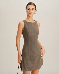 Brown Plaid Sleeveless Mini Dress | Rihoas