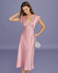 Pink V Neck Lace Satin Midi Dress | Rihoas