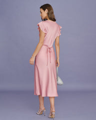 Pink V Neck Lace Satin Midi Dress | Rihoas