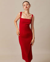 The Red Square Neck Ribbed Midi Dress | Rihoas