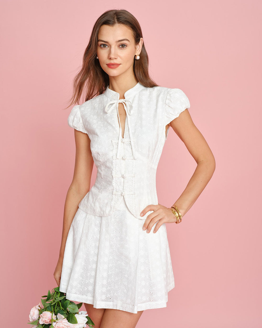 White Mandarin Collar Embroidery Blouse | Rihoas