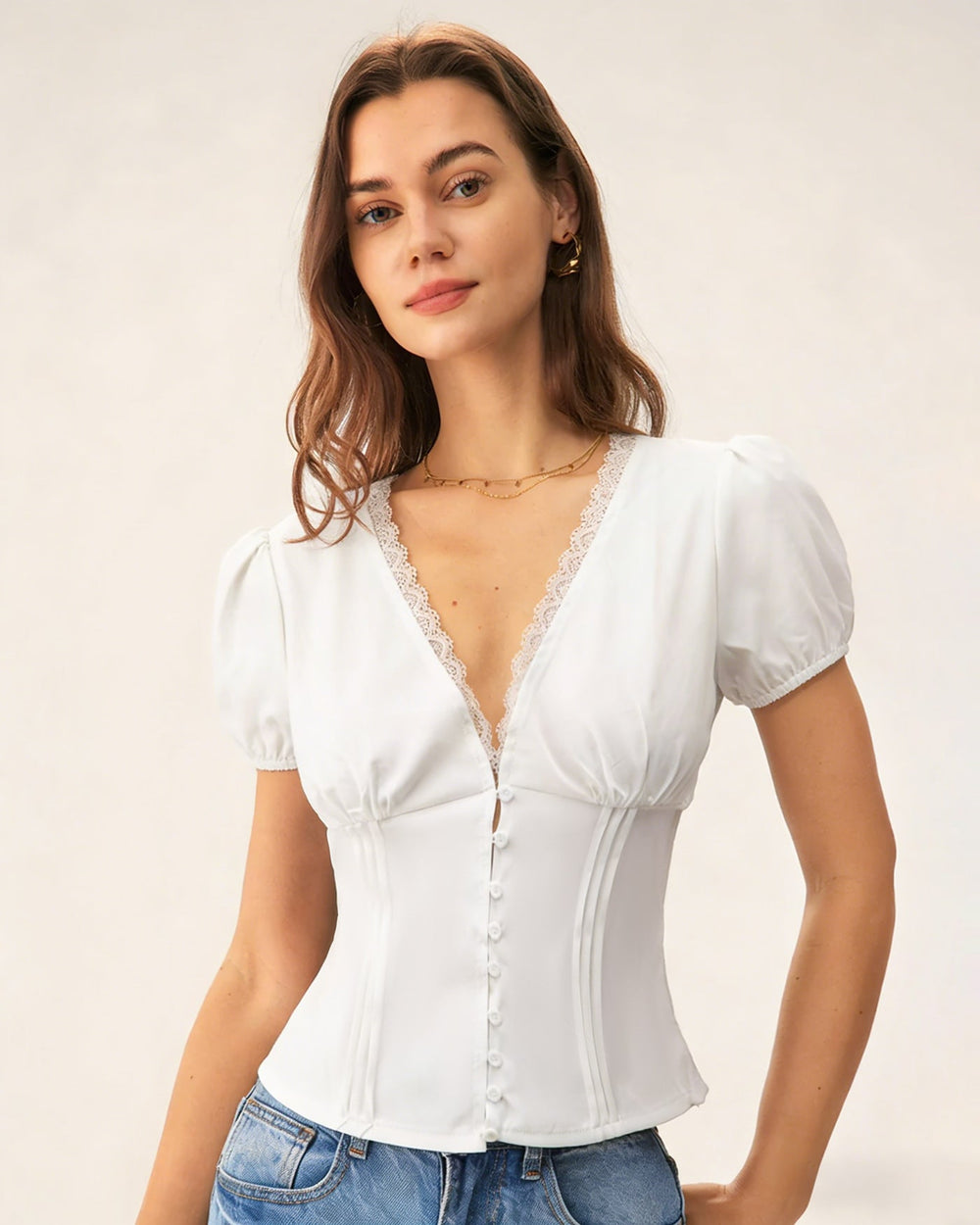 White V Neck Lace Splicing Tee | Rihoas
