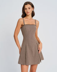 Brown Plaid Ruched Slip Mini Dress | Rihoas
