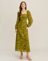 Green Floral Square Neck A-Line Maxi Dress | Rihoas