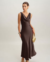 Coffee Cowl Neck Satin Maxi Dress | Rihoas