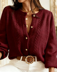 Wine Red Round Neck Casual Knit Cardigan | Rihoas