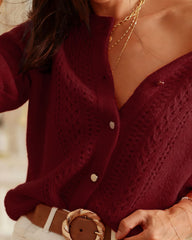 Wine Red Round Neck Casual Knit Cardigan | Rihoas