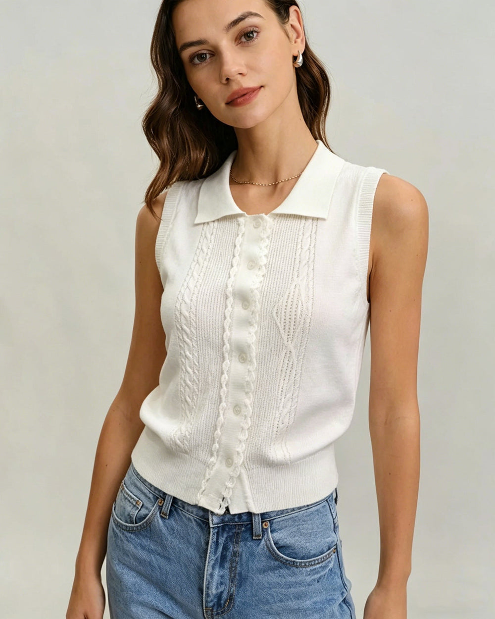White Collar Textured Button Tank Top | Rihoas