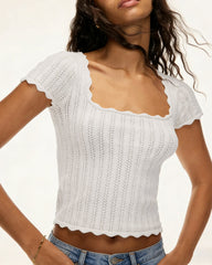 White Square Neck Textured Tee | Rihoas
