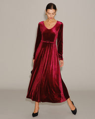 Wine Red Velour V Neck Maxi Dress | Rihoas