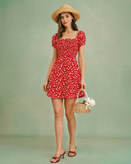 Red Square Neck Floral Mini Dress | Rihoas