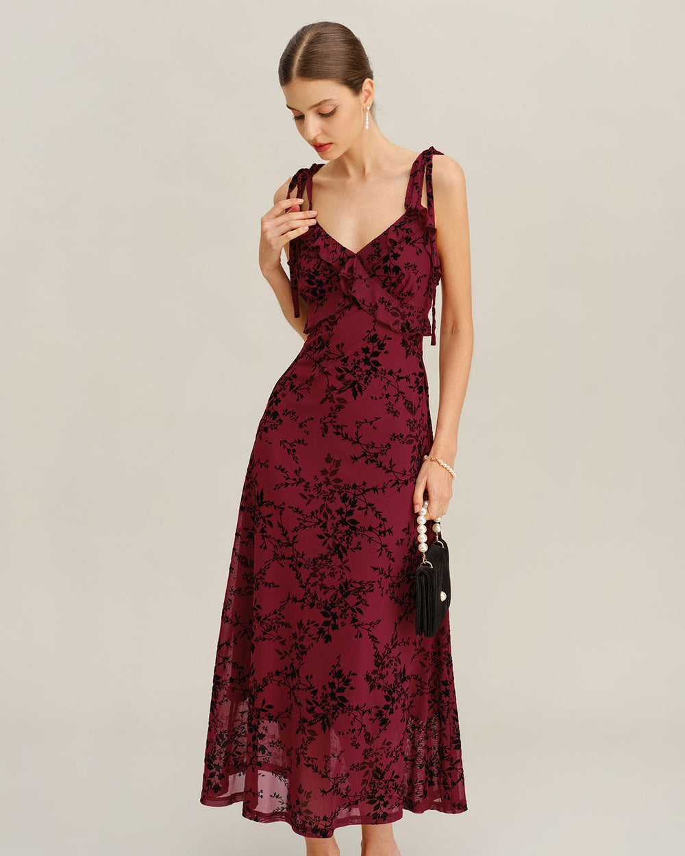 Red Floral Ruffle Slip Midi Dress | Rihoas