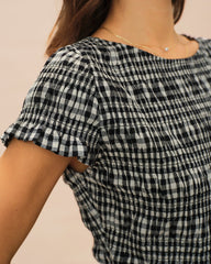 Black Boat Neck Shirred Plaid Tee | Rihoas