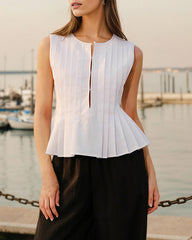 White Round Neck Ruched Tank | Rihoas