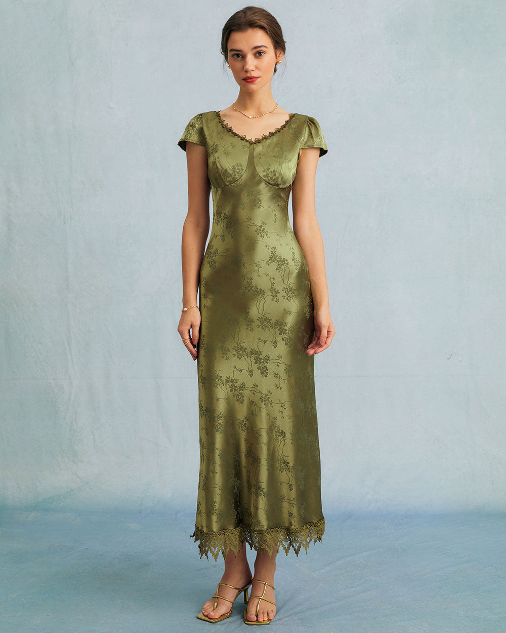 The Green Jacquard Cap Sleeve Satin Midi Dress | Rihoas