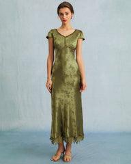 The Green Jacquard Cap Sleeve Satin Midi Dress | Rihoas