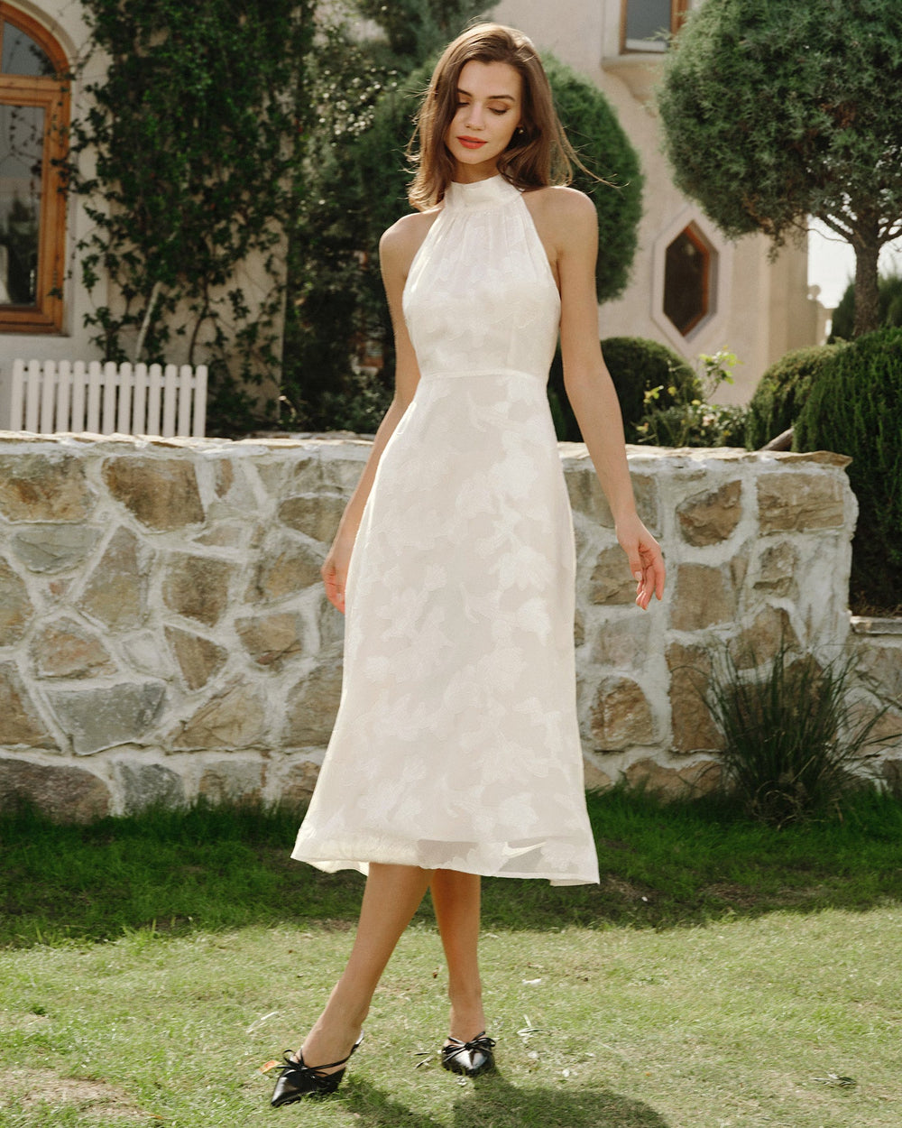 Beige Halter Floral Midi Dresses | Rihoas
