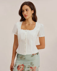 White Square Neck Button Lace Blouse | Rihoas