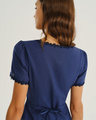 Navy Square Neck Button Blouse | Rihoas