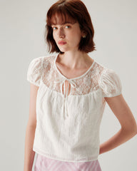 White Lace Puffed Sleeve Tee | Rihoas